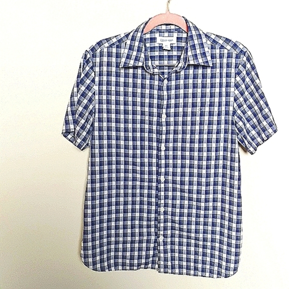 Calvin Klein Blue and Gray Checked Plaid Short Sleeve Button Up Shirt Size Small - Picture 1 of 10